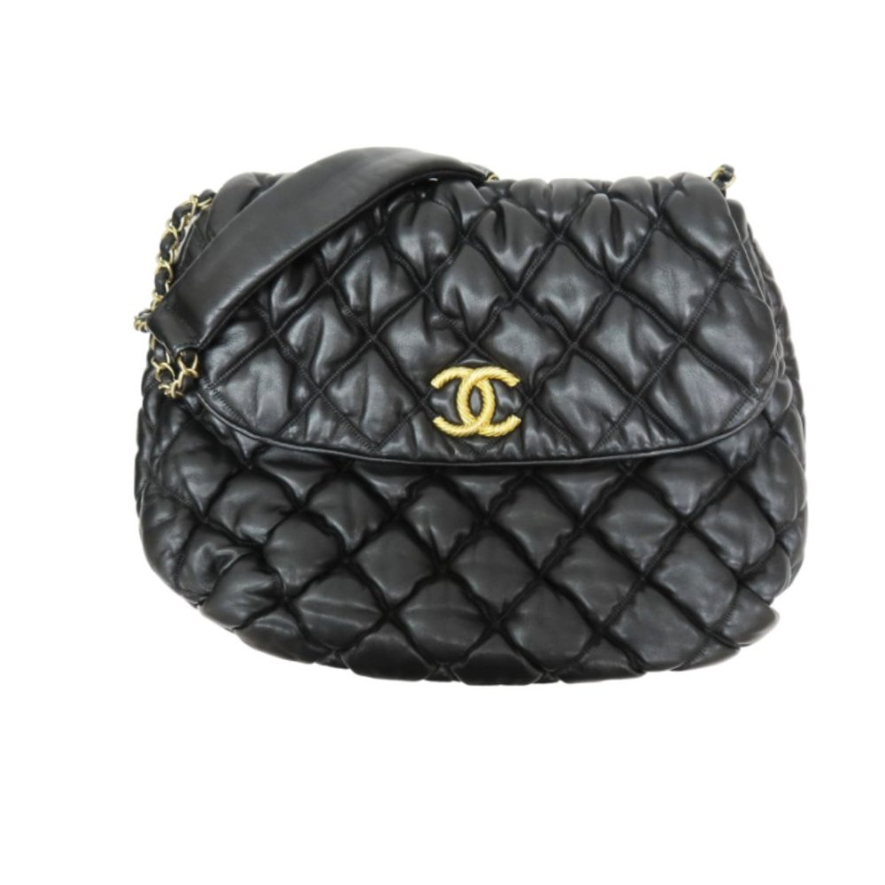 CHANEL Black Bubble Quilted Leather Flap Shoulder Handbag
